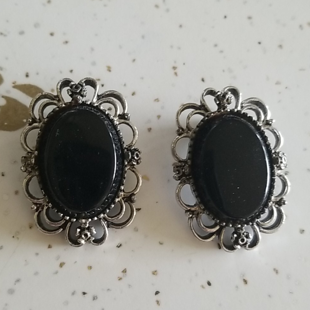 Vintage flowers and scrolls black clip ons